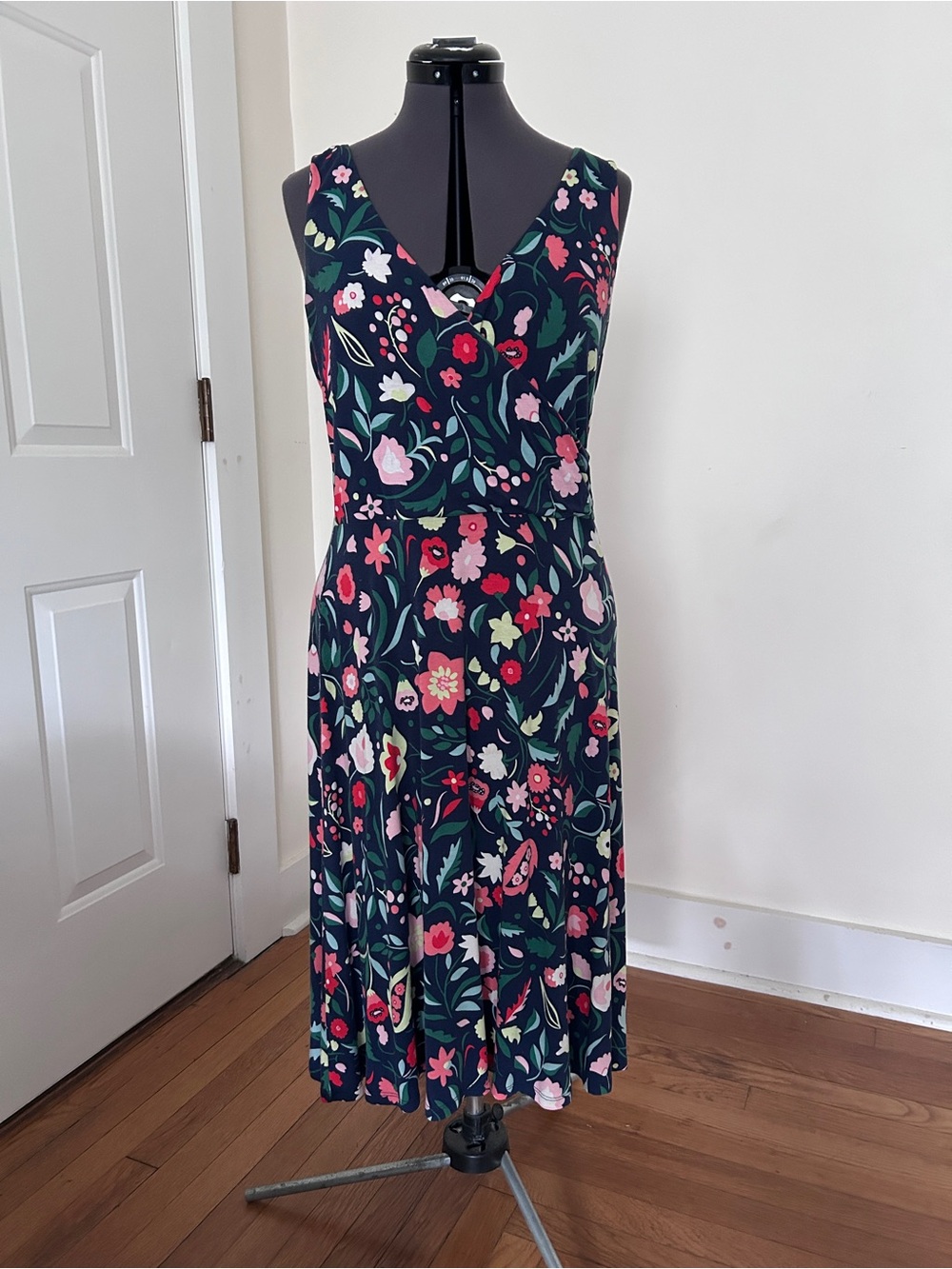 Boden Sleeveless Navy Floral Faux Wrap Midi Dress